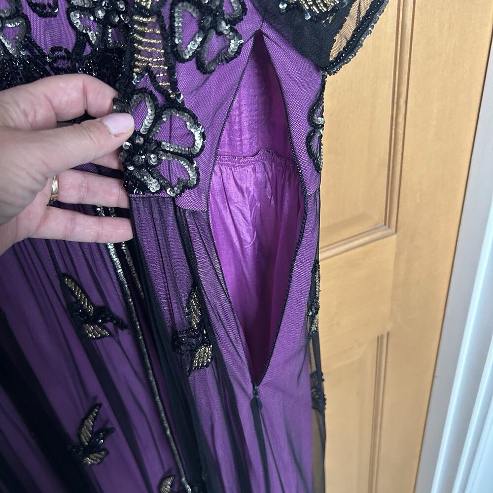 J Peterman Formal Dress M Purple Black Overlay Beads Sequins Birds Long Whimsy - Picture 4 of 9